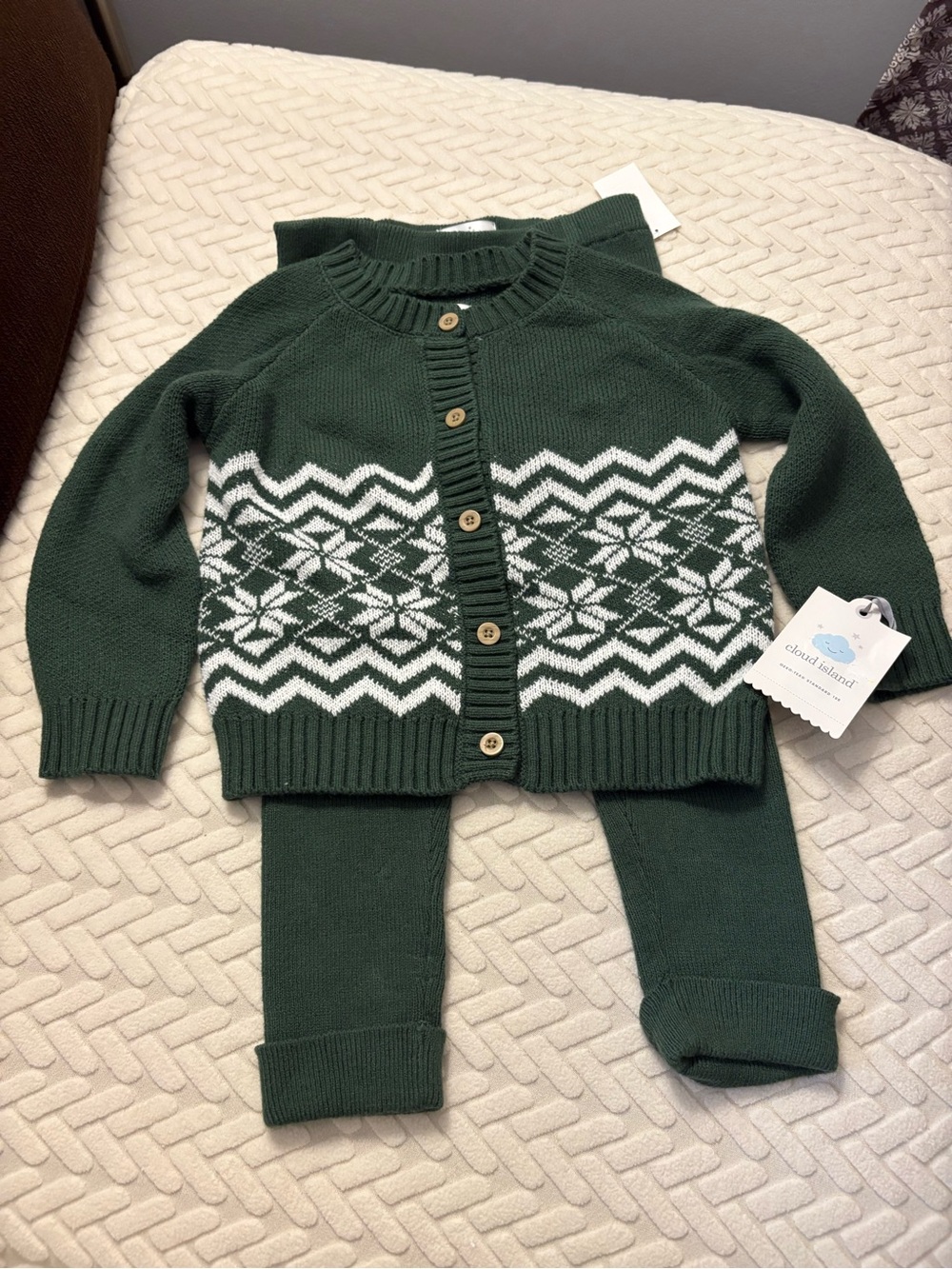Cloud Island Green Fair Isle Knit Unisex Cardigan & Pant Set (24 months) New